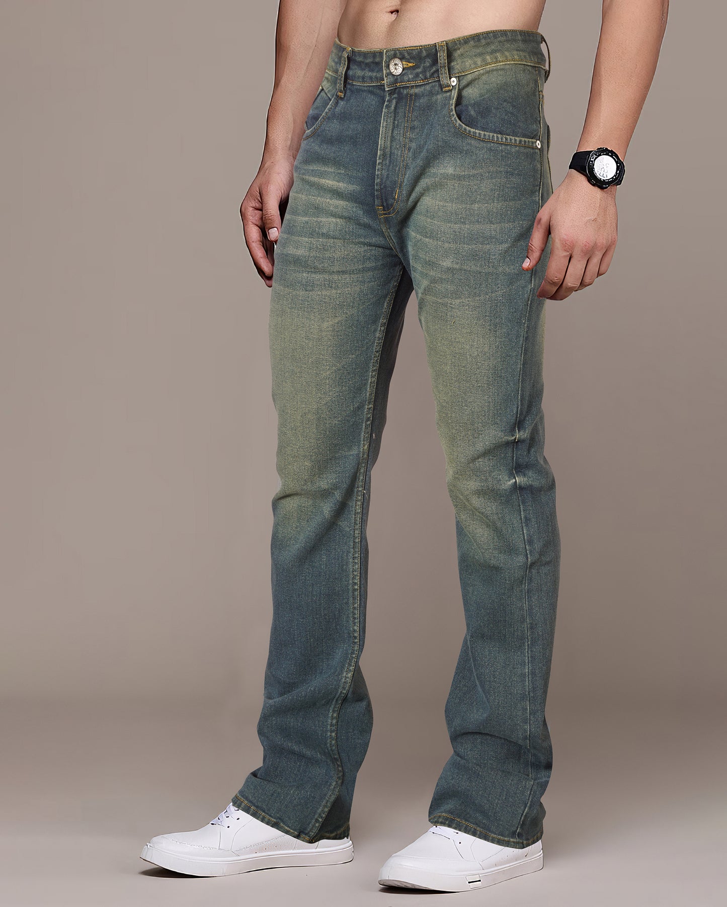 Blue-Grey Yellow Tinted Men's Bootcut Denim