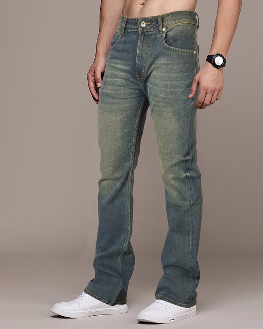 Blue-Grey Yellow Tinted Men's Bootcut Denim