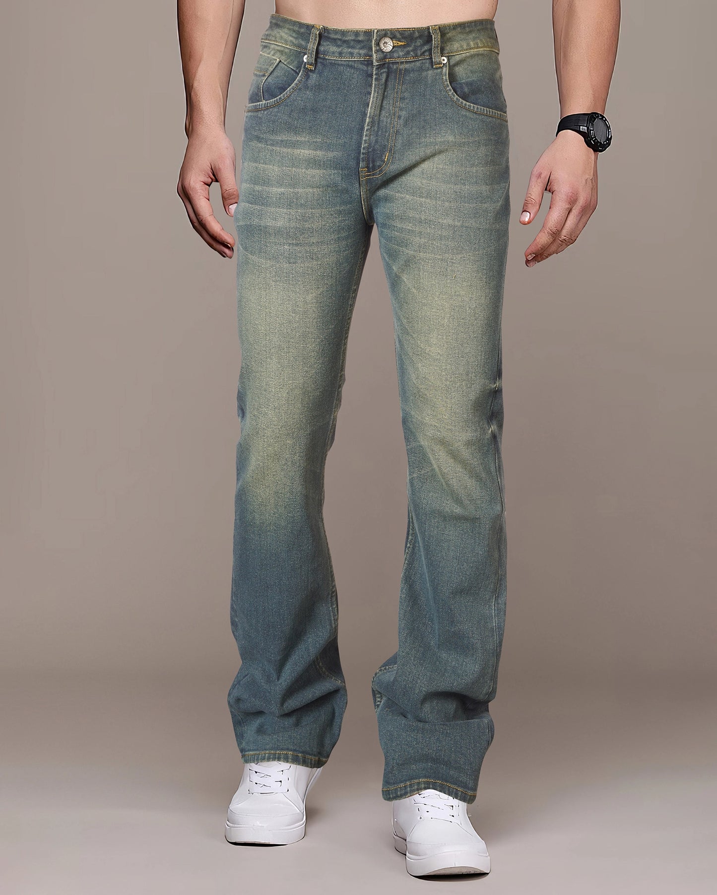 Blue-Grey Yellow Tinted Men's Bootcut Denim