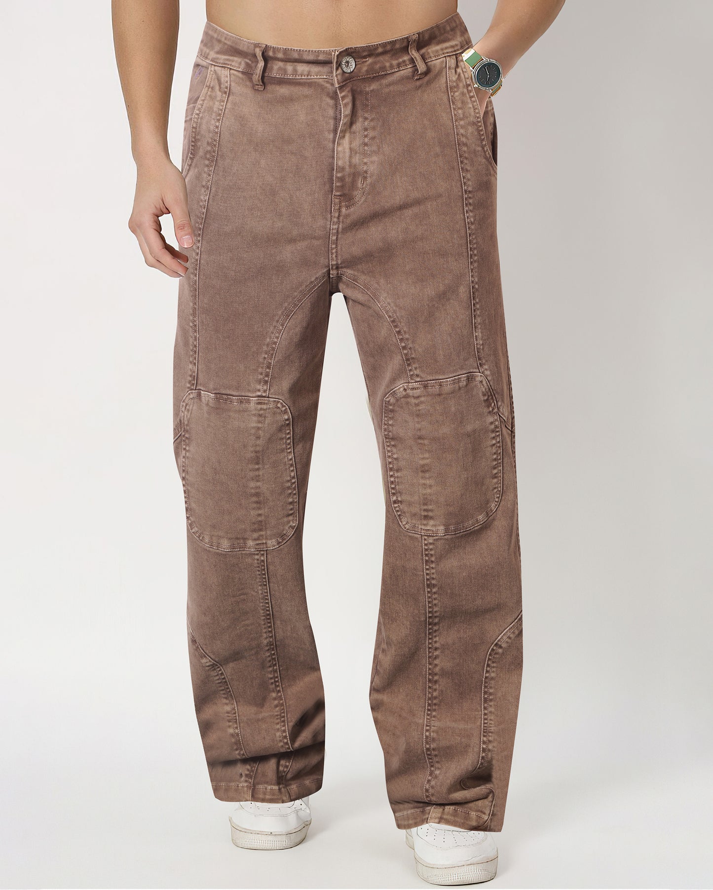 Brown Knee Cut Panels Unisex Acid Wash Denims