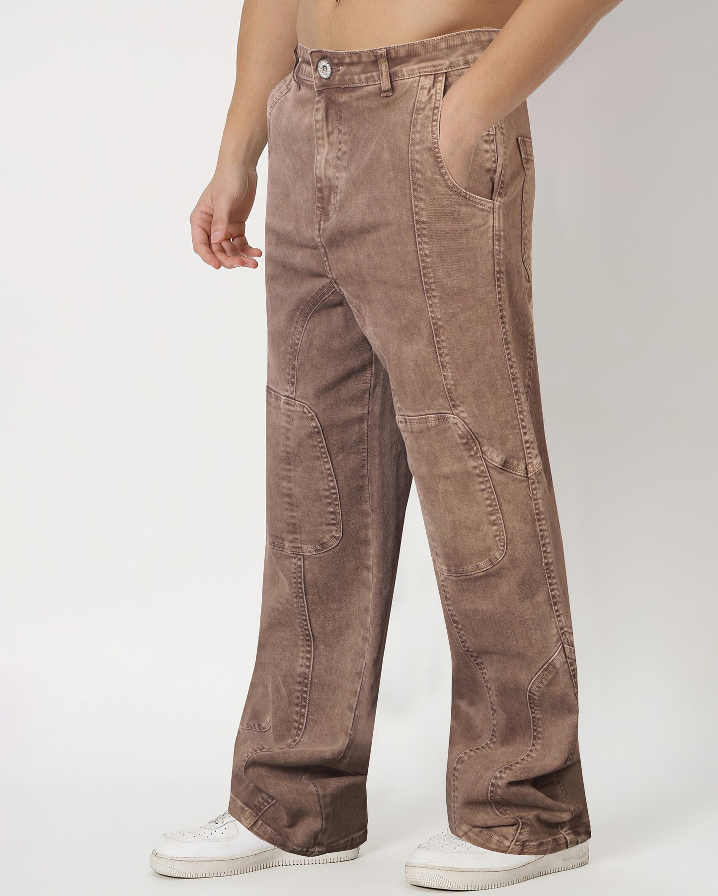 Brown Knee Cut Panels Unisex Acid Wash Denims