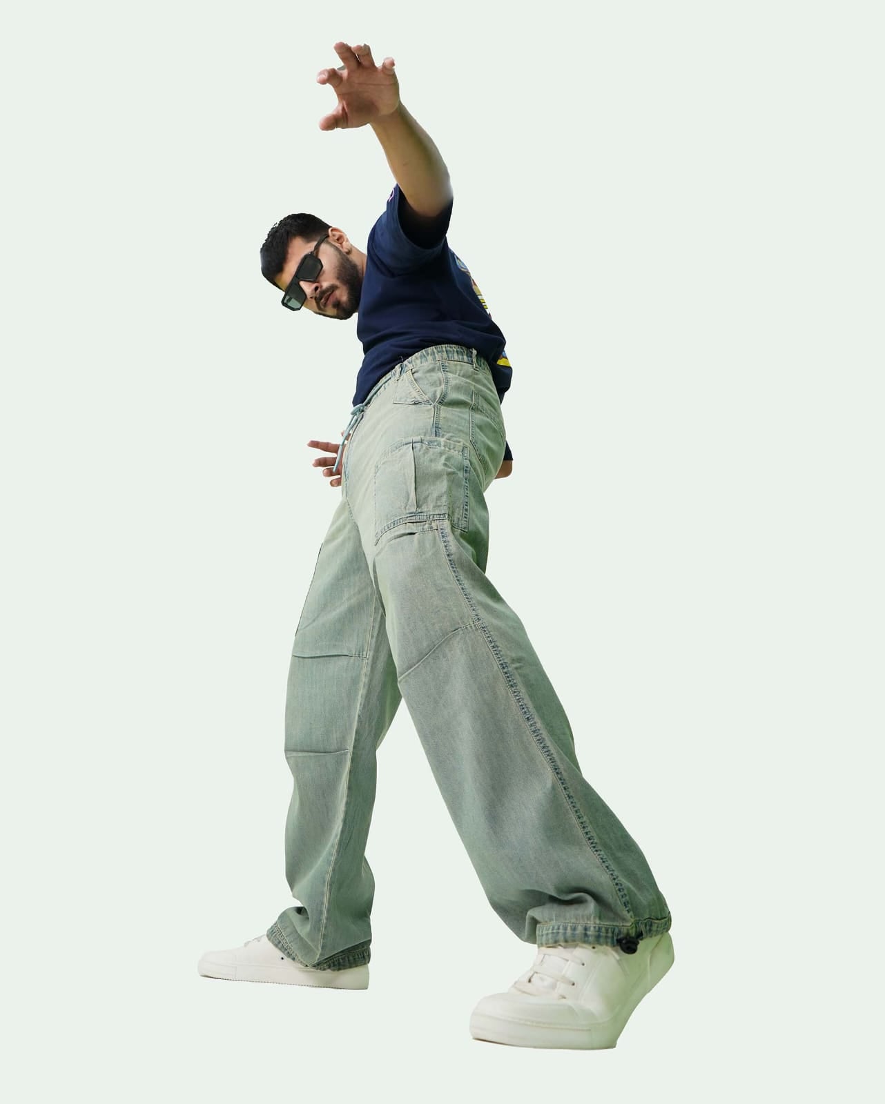 Sage Green Blue Denim Unisex Parachute Pants