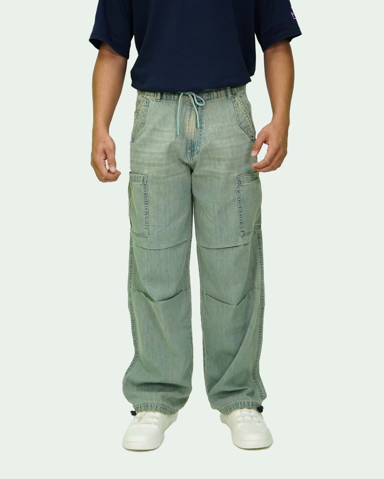 Sage Green Blue Denim Unisex Parachute Pants