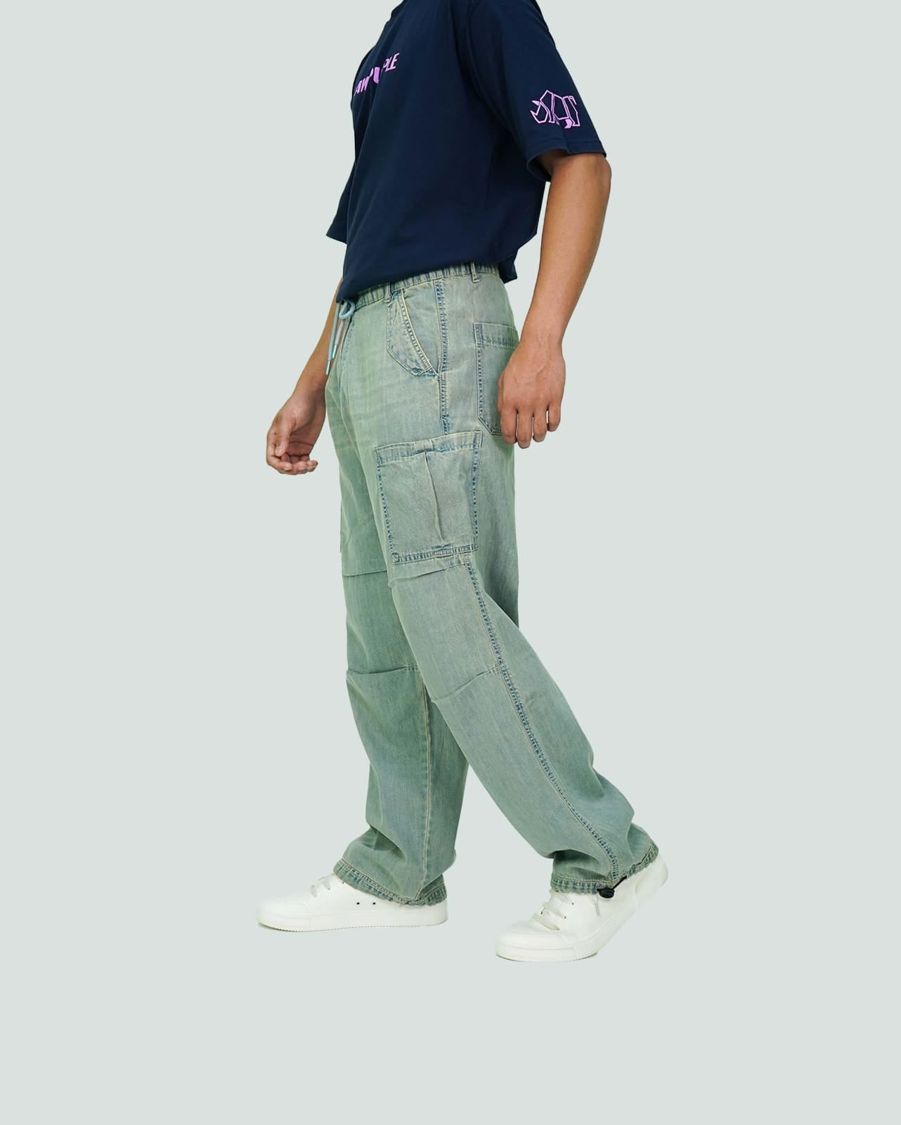 Sage Green Blue Denim Unisex Parachute Pants